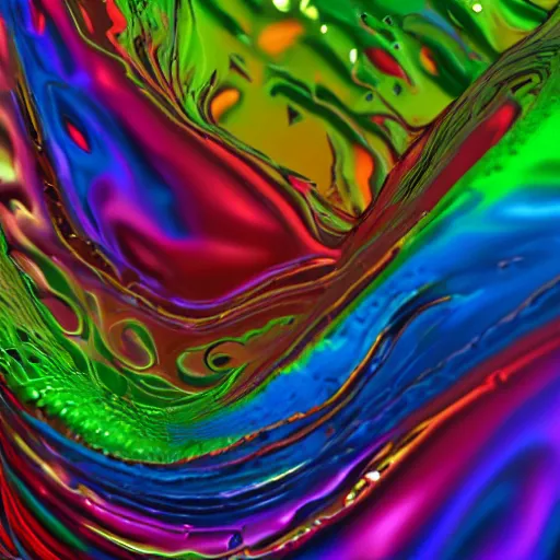 Prompt: streams of multicolored, simulated fluid collide to form a can of soda. 3 d digital motion graphics.