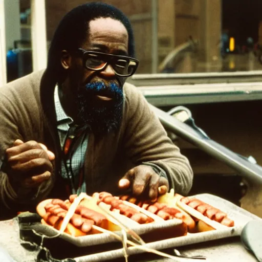 Prompt: 35mm photo of ignatius riley from a confederacy of dunces eating a hotdog