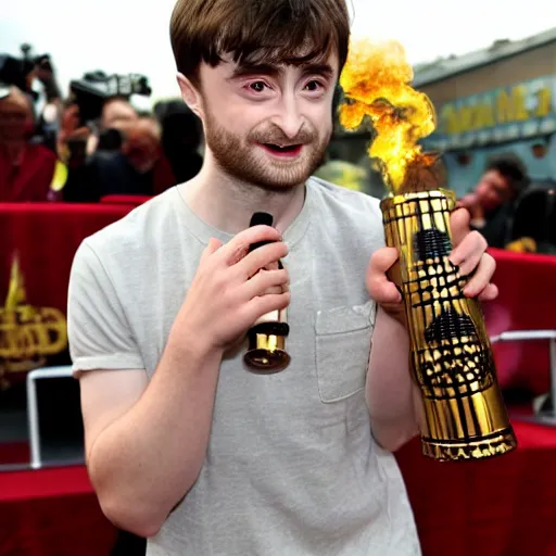 Image similar to daniel radcliffe exhaling a large puff of smoke from his custom gold laced bong