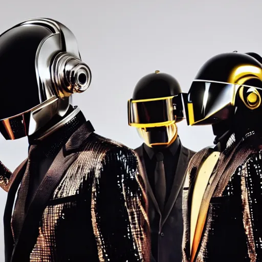 Image similar to a photo of a parade of people dressed in Daft Punk Helmets and Daft Punk Suits, 8k, dramatic lighting