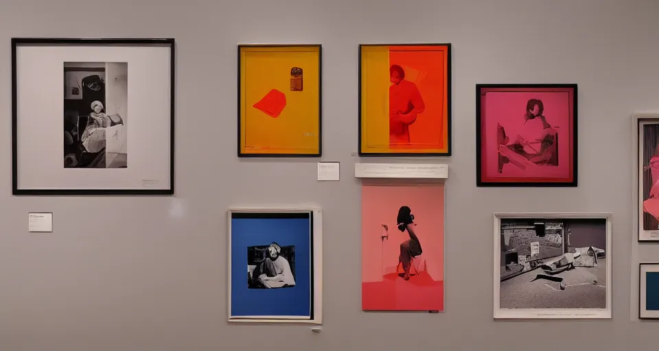 Prompt: A three color offset photography of objects on display, vinili, macchine fotografiche, obiettivi , exhibition, 60s style