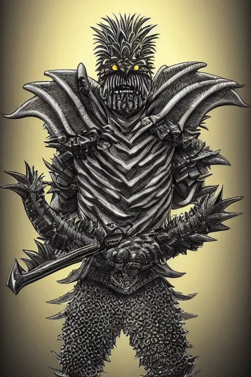 Image similar to screaming pineapple humanoid figure monster wearing themed armour, symmetrical, highly detailed, digital art, sharp focus, trending on art station, kentaro miura manga art style