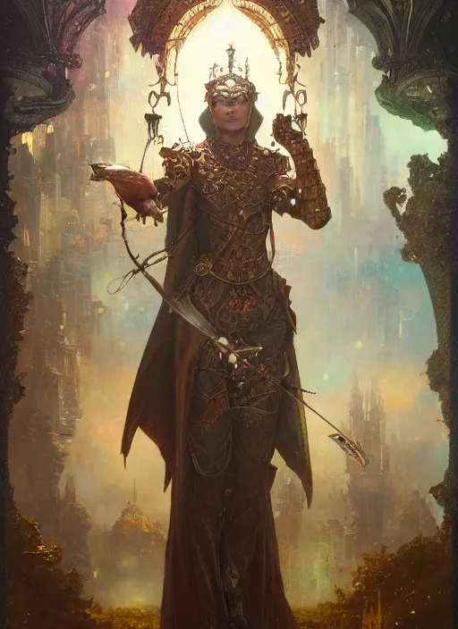 Image similar to hyper realistic knight casting a spell, refined details, denoised, birds eye view, magical, gems, jewels, gold, steampunk, cyberpunk utopia, painted by tom bagshaw, mucha, gaston bussiere, craig mullins, j. c. leyendecker 8 k