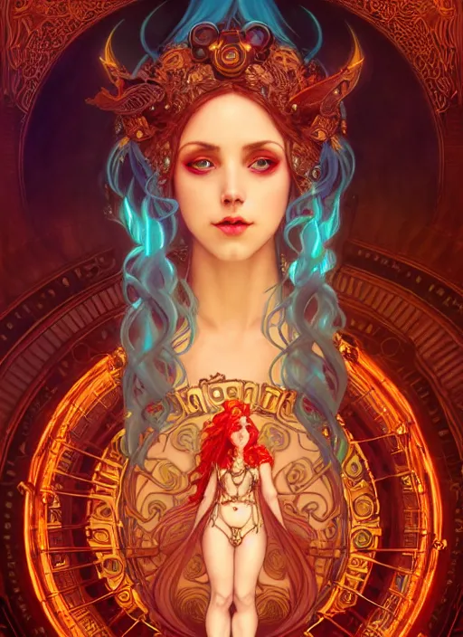 Prompt: the goddess hestia, hair of fire, full body, steampunk, glowing eyes, volumetric lights, red and cyan theme, art nouveau botanicals, intricate, highly detailed, digital painting, artstation, concept art, smooth, sharp focus, cinematic, illustration, beautiful face, art by artgerm and greg rutkowski and alphonse mucha