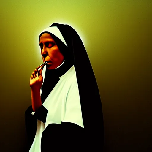 Image similar to a black nun wearing shiny jewelry, she's smoking a joint and puffing a lot of smoke, by Beksinski, lens flares, minimalistic background