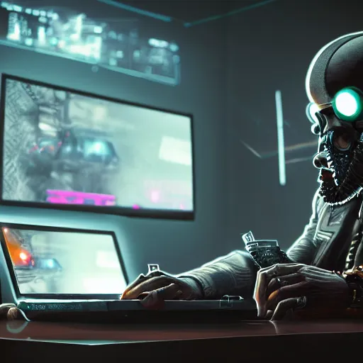 Image similar to realistic successful man typing on laptop in gaming room, artstation trends, cyberpunk concept art, highly detailed, intricate, sharp focus, digital art, 8 k