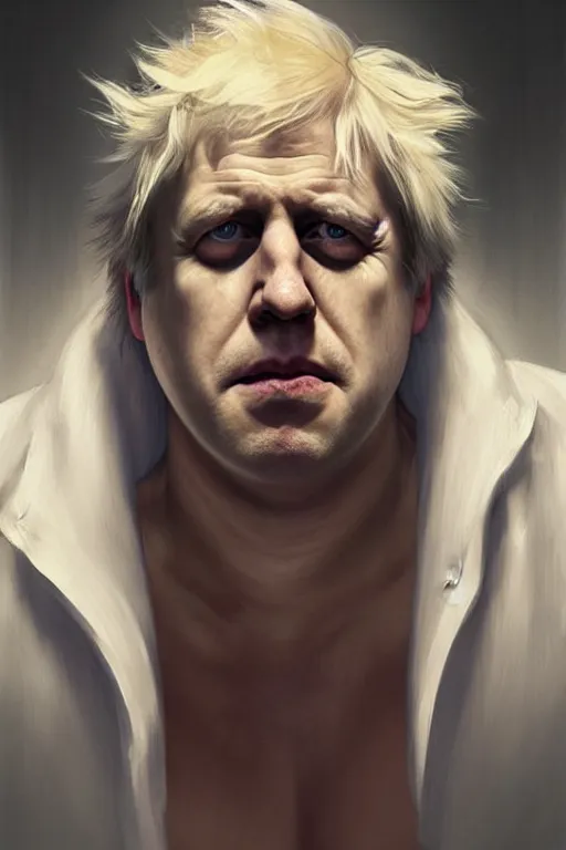 Image similar to Boris Johnson as Rick Sanchez, one eyebrow, white robe, big eyes, 2d portrait, symmetrical, highly detailed, digital painting, artstation, concept art, smooth, sharp focus, illustration, cinematic lighting, art by artgerm and greg rutkowski and alphonse mucha