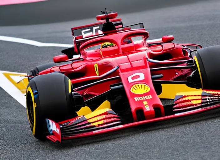 Image similar to live action photo of the 2 0 2 1 f 1 ferrari car, with clown sponsorship, 8 k, hdr, sports photography