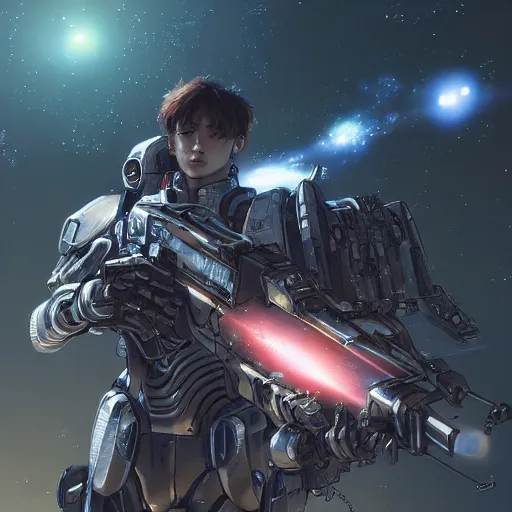 Image similar to photorealistic, bokeh, beautiful detail, stars in the sky, cybernetic, sci-fi space game art, jeon Jungkook holding a gun. alien planet art by Akihito Yoshitomi AND Yoji Shinkawa AND Greg Rutkowski, Mark Arian trending on artstation