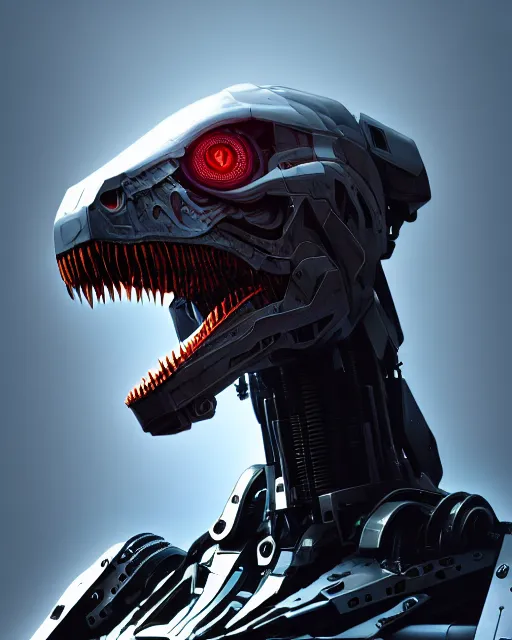 Image similar to mecha male t rex portrait, cyborg, intricate mechanical body, robot eyes, hyper realistic 3 d render by ilya kuvshinov, peter mohrbacher, greg rutkowski, ryohei hase, dramatic lighting, intricate, highly detailed, sharp focus, luminous, unreal engine, blender, artstation, masterpiece, ray tracing