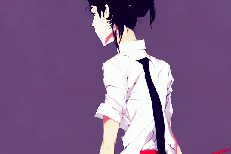 Image similar to a ultradetailed full body portrait of a woman dressed in a white shirt with a tie, by conrad roset, greg rutkowski and makoto shinkai trending on artstation