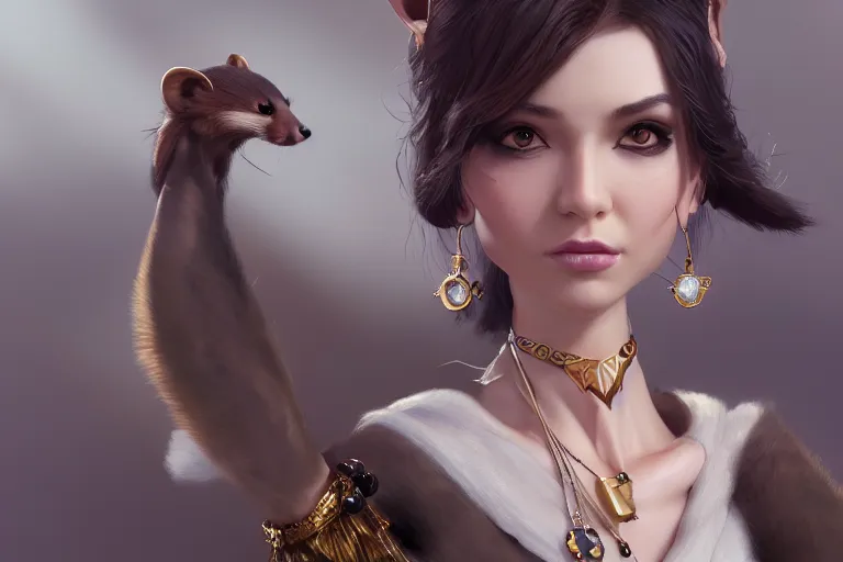 Image similar to anthropomorphic female marten wearing jewlery, made by Stanley Artgerm Lau, WLOP, Rossdraws, ArtStation, CGSociety, concept art, cgsociety, octane render, trending on artstation, artstationHD, artstationHQ, unreal engine, 4k, 8k,