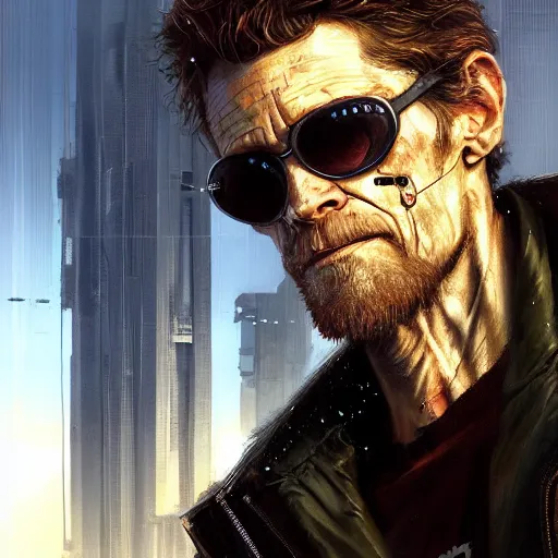 Image similar to closeup portrait of william dafoe, cyberpunk, shaggy ex military guy, city background, dramatic light, gorgeous view, depth, high detail, digital art, painted by greg rutkowski and seb mckinnon, neuromancer, trending on artstation