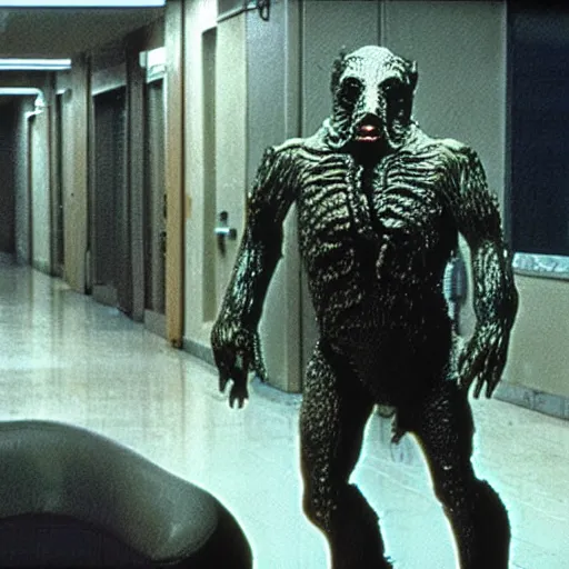 Image similar to 1 9 8 0 s sci - fi movie, vintage still frame, skinned monster demon in hi - tech corridor, photorealistic, art by ridley scott