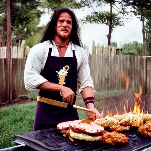 Image similar to candidato photo of conan the barbarian flipping burger on a barbecue. he is wearing an apron with unicorn drawing, and a tutu. photographed by annie leibovitz