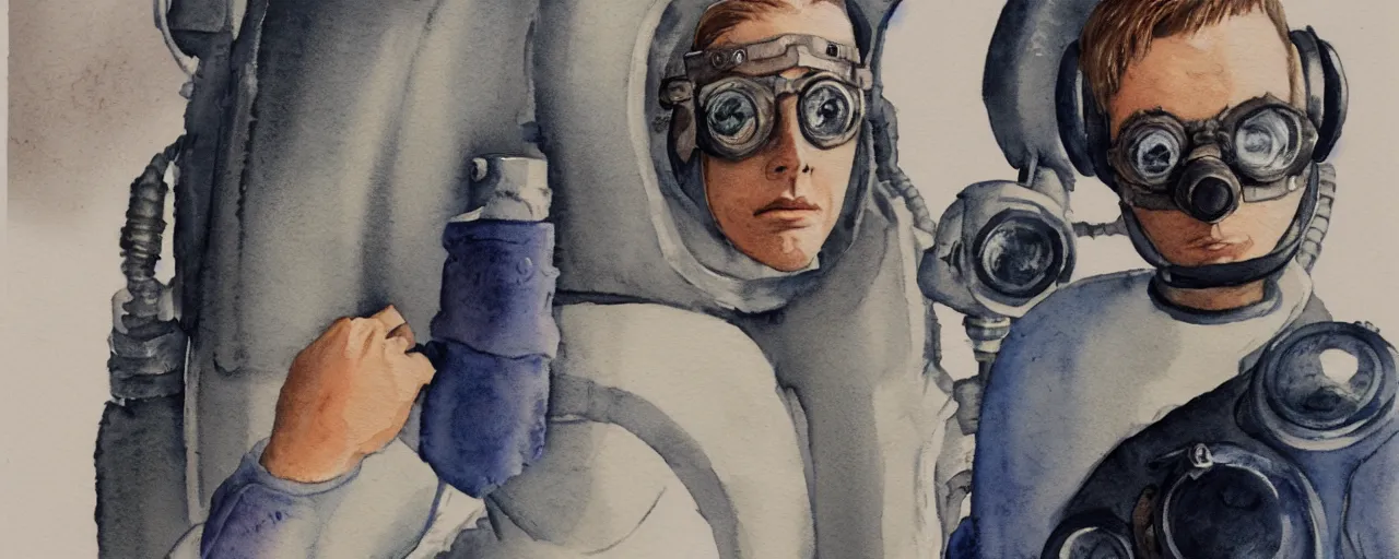 Prompt: watercolor character concept art 3 / 4 portrait of tattooed stoic heroic emotionless butch blonde woman engineer with short slicked - back hair, wearing dirty flight suit, wearing dark victorian goggles, working inside reactor room, awkward and uncomfortable and anxious, dirty. mike mignogna, ron cobb, industrial space program, scifi.