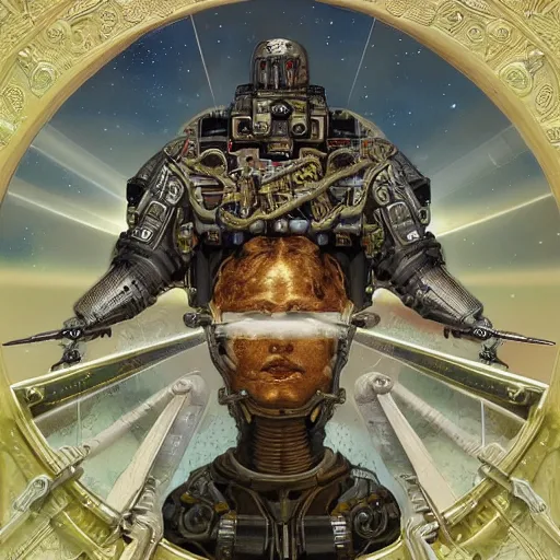 Image similar to portrait of military robot made with plasteel by Jeff Easley and Peter Elson + beautiful eyes, beautiful face + symmetry face + border and embellishments inspiried by alphonse mucha, fractals in the background, galaxy + baroque, gothic, surreal + highly detailed, intricate complexity, epic composition, magical atmosphere + masterpiece, award winning + trending on artstation