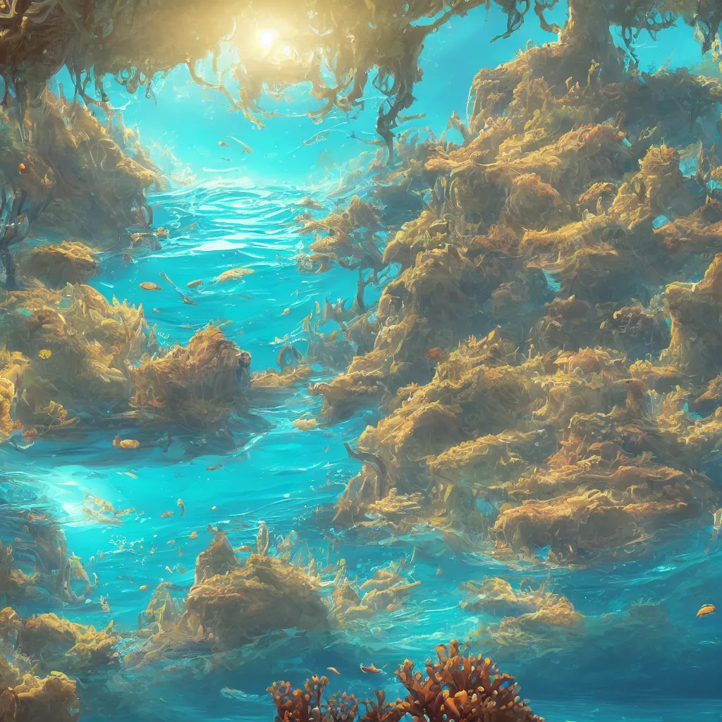 Image similar to a detailed illustration a idyllic underwater ocean scene by Alex Hirsch, trending on artstation, cgsociety, deviantart