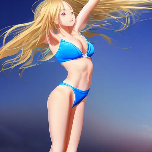 Image similar to a very beautiful young anime gymnastics girl, full body, long wavy blond hair, sky blue eyes, full round face,, bikini, miniskirt, front view, mid - shot, highly detailed, cinematic wallpaper by stanley artgerm lau