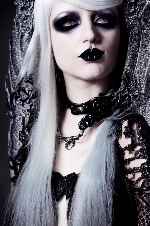 Image similar to very beautiful goth top model, silver hair, wearing alexander mcqueen gothic victorian short dress with horns, luxury materials, symmetrical, cinematic, elegant, professional studio light, real dlsr photography, sharp focus, 4 k, ultra hd, sense of awe, high fashion