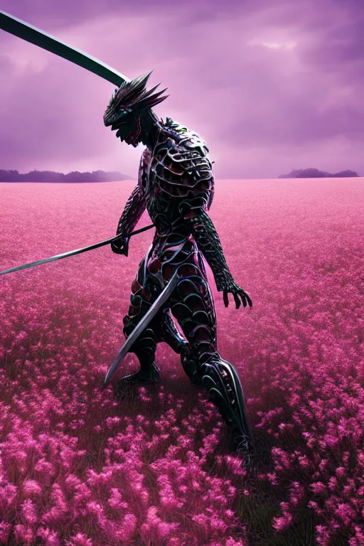 Prompt: illustration cinematic cyborg dragon yielding katana in a field of pale pink flowers, highly detailed smooth digital art masterpiece, vitaly bulgarov dramatic light, ground angle uhd 8 k, sharp focus