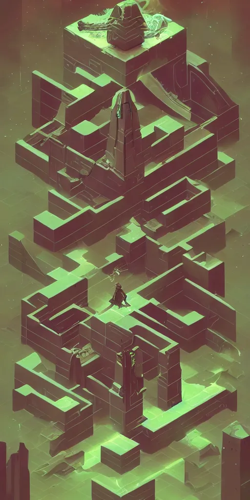 Image similar to isometric portrait of advanced alien, his last moment, mystical, technology meets fantasy, map, infographic, concept art, art station, style of monument valley, giger, wes anderson