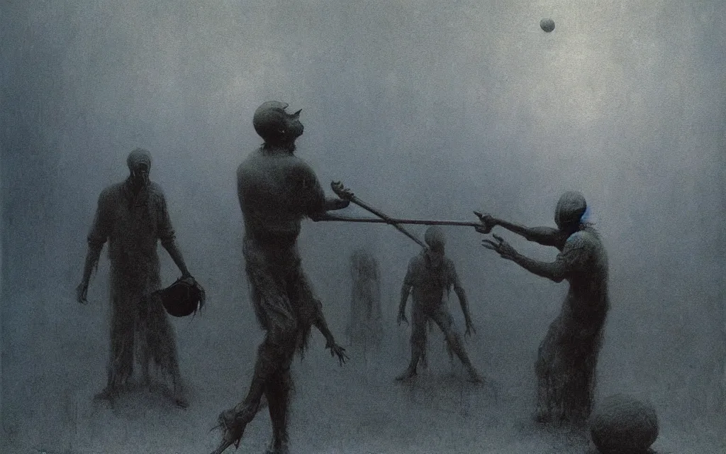 Image similar to painting of a man playing baseball with eldritch beings, by Zdzislaw Beksinski, gothic, amazing details, cold hue's, warm tone gradient background