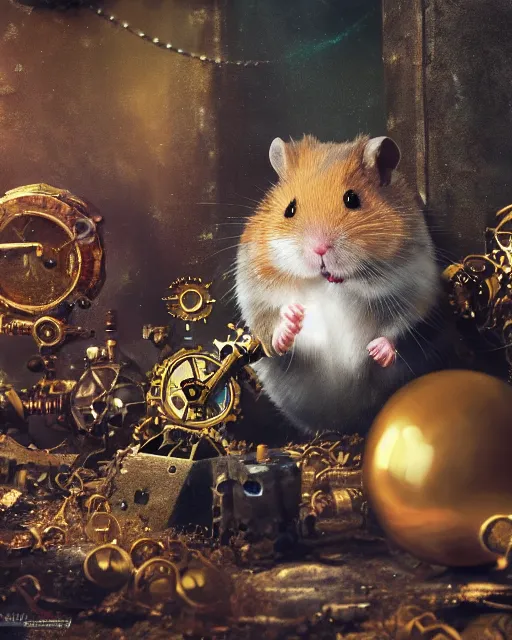 Image similar to oil painting of anthropomorphized hamster holding shiny gem, steampunk clothes, close shot, full body, dark steampunk mine shaft background, sharp focus, fantasy style, octane render, volumetric lighting, 8k high definition, by greg rutkowski, highly detailed, trending on art Station, dungeons and dragons artwork, centered