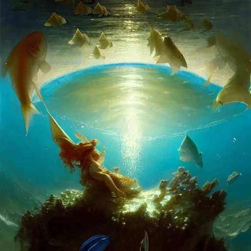 Image similar to point of view of deep in the ocean looking up, you see fishes, higher up you see very clearly the milk way illuminating the sea down bellow. highly detailed painting by gaston bussiere, greg rutkowski 8 k