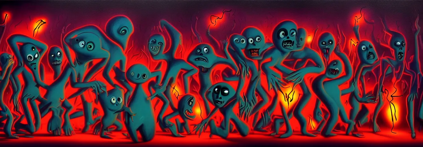 Prompt: visceral freaky monsters from the darkest depths of collective unconscious, dramatic glowing lighting, 1 9 3 0 s fleischer cartoon characters, wild emotional expressions - surreal painting by ronny khalil