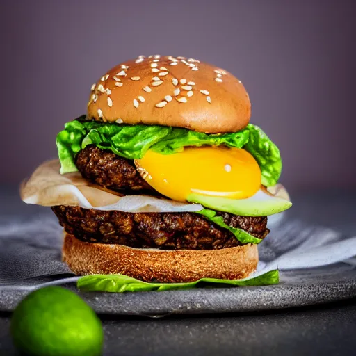 Image similar to juicy vegan hamburger topped with avocado and onion and a vegan fried egg, crispy buns, 8 k resolution, professional food photography, studio lighting, sharp focus, hyper - detailed