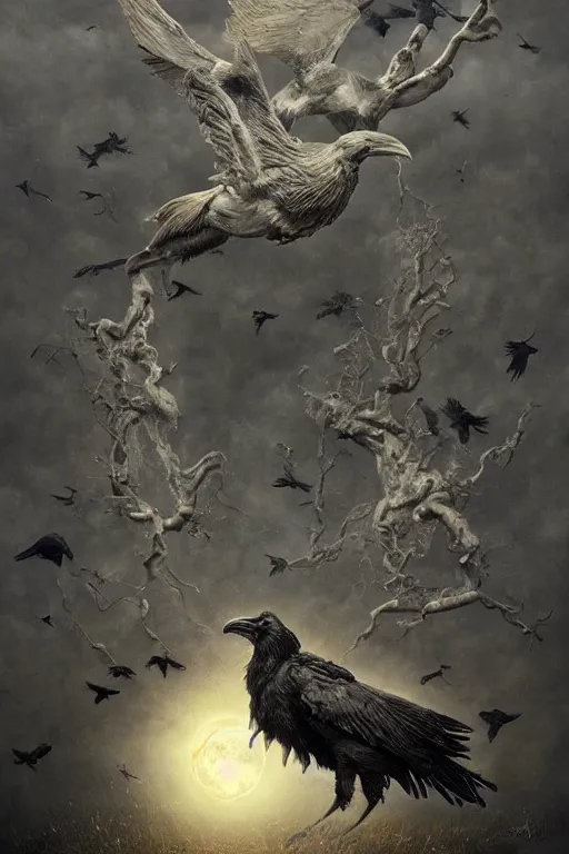 Prompt: Intricate stunning highly detailed surreal ravens by agostino arrivabene and Vladimir Kush, sculpture, ultra realistic, Horror, dramatic lighting, full moon, blood moon, thick black swirling particle smoke tornado, fire embers, trending on artstation