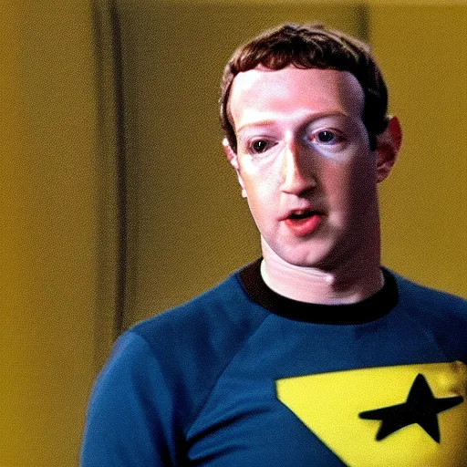 Image similar to a still of mark zuckerberg as data the android in star trek : the next generation ( 1 9 8 7 ), wearing a yellow star trek uniform