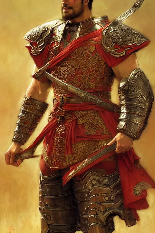 Prompt: attractive beefy male with armor, ancient china, three kingdoms, character design, dynamic lighting, colorful, painting by gaston bussiere, craig mullins, j. c. leyendecker, tom of finland