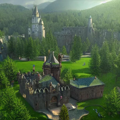 Prompt: a big castle, green grass, highly detailed, crystal lighting, mystical, forest, hyperrealistic, 4 k, unreal engine, dramatic lighting, magical, beautiful