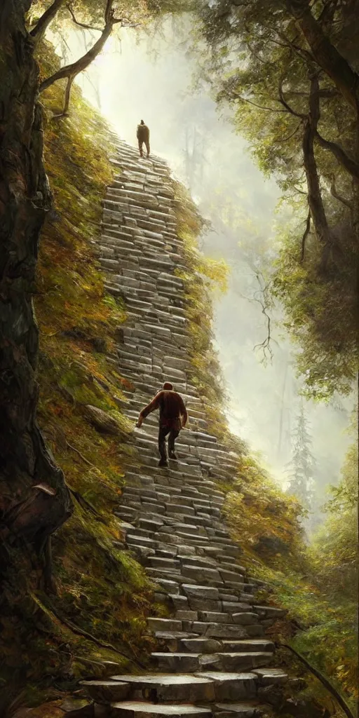 Prompt: a man walking up a steep and impossible staircase, in beautiful woods, intricate, elegant, highly detailed, oil painting, artstation, concept art, sharp focus, beautiful illustration, cgsociety, by justin gerard and artgerm, 4 k