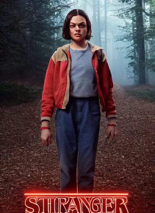 Image similar to Mila Kunis with a buzzcut cast as Eleven, still from Stranger Things, She uses the force with her palm extended outwards, hyperrealistic, 8k, Octane Render,