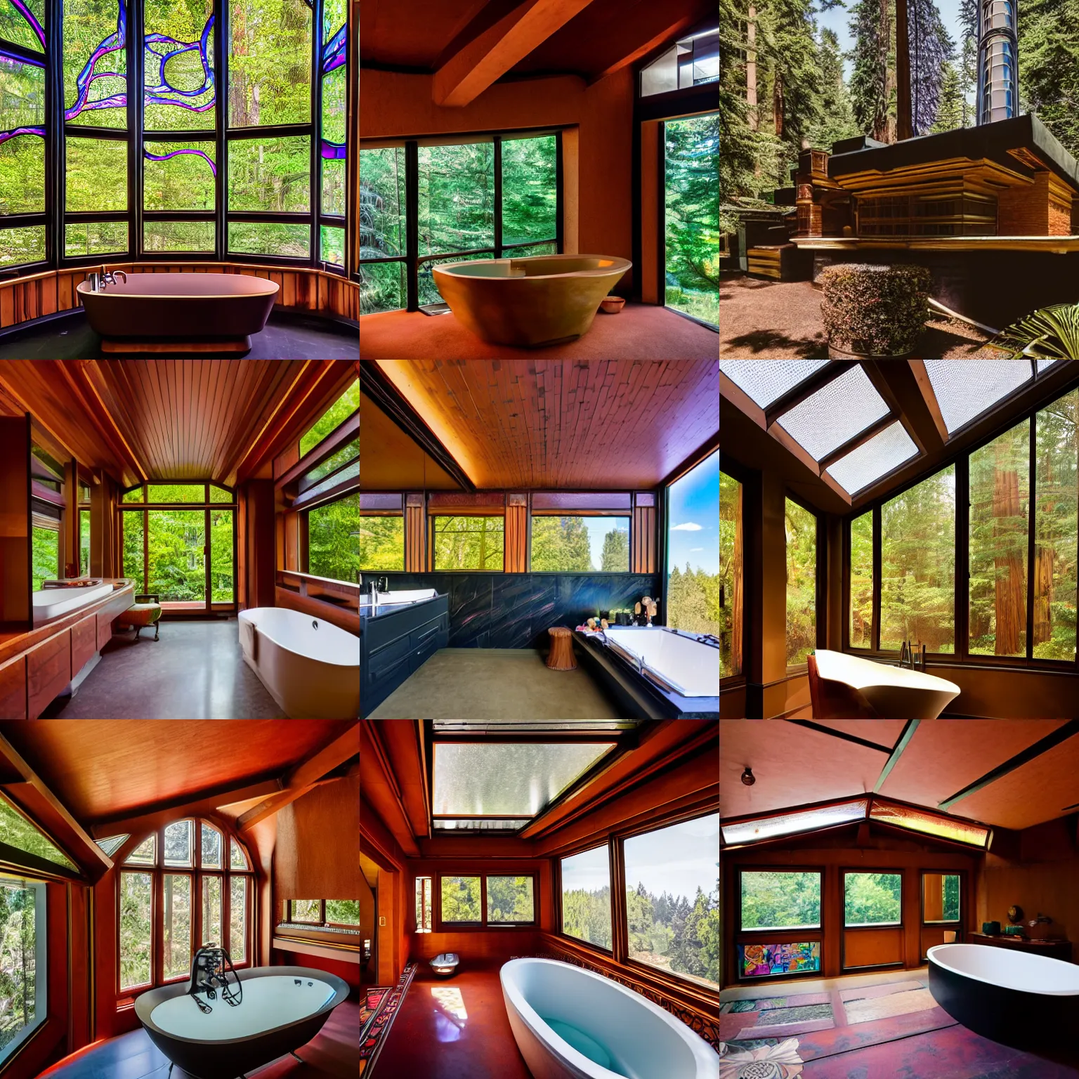 Prompt: black bathroom inside of a psychedelic solarpunk Frank Lloyd Wright house with a stained glass roof in the redwoods on a sunny day, award winning hd 8k photo