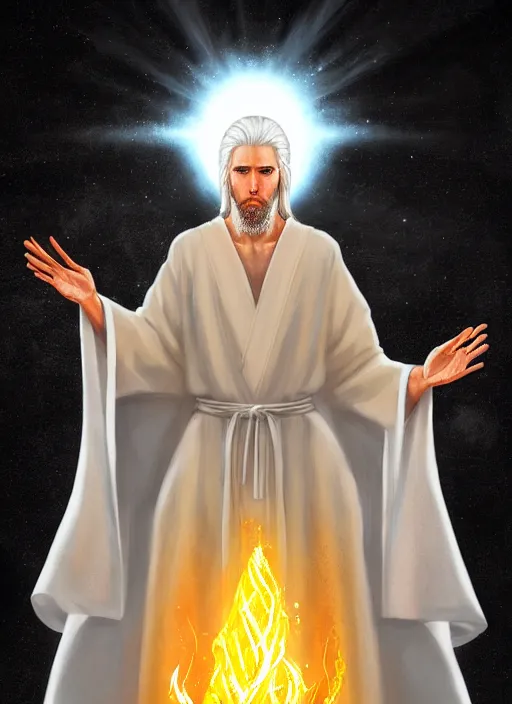 Prompt: « portrait of the white - haired jesus in a white robe and flaming yellow eyes, holding seven stars in right hand, high - contrast, intricate, elegant, highly detailed, bible illustration, digital painting, artstation, concept art, smooth, sharp focus, illustration »