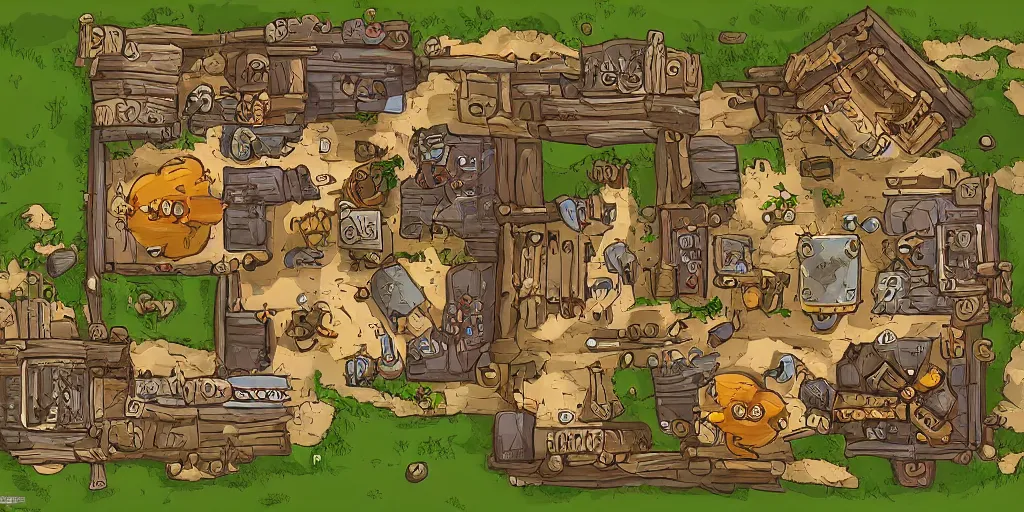 Prompt: A high detailed vector art presenting an aerial view of a RPG tavern by dofus , Patreon content, containing tables and walls, HD, straight lines, vector, grid, dnd map, map patreon, fantasy maps, foundry vtt, fantasy grounds, aerial view ,dungeondraft , tabletop, inkarnate, dugeondraft, roll20