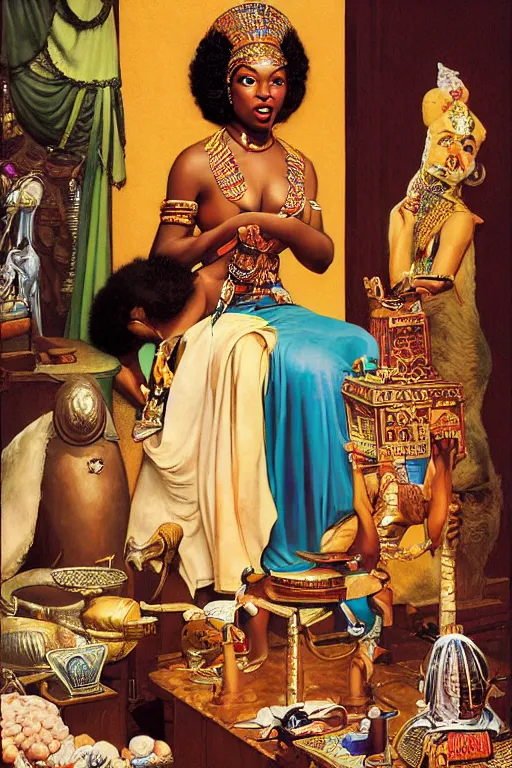 Image similar to an african goddess queen in a temple by gil elvgren and norman rockwell and rob gonsalves and hajime sorayama, hyperrealistic, high detail