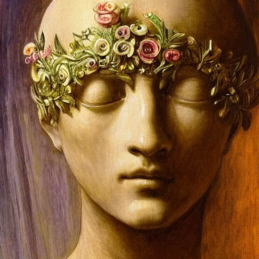 Image similar to masterpiece painting of a facemask made of flowers, by annie swynnerton and jean delville and tino rodriguez, flower mask, symbolist, dramatic lighting, god rays, elaborate geometric ornament, clean crisp graphics, soft cool colors, smooth, sharp focus, extremely detailed