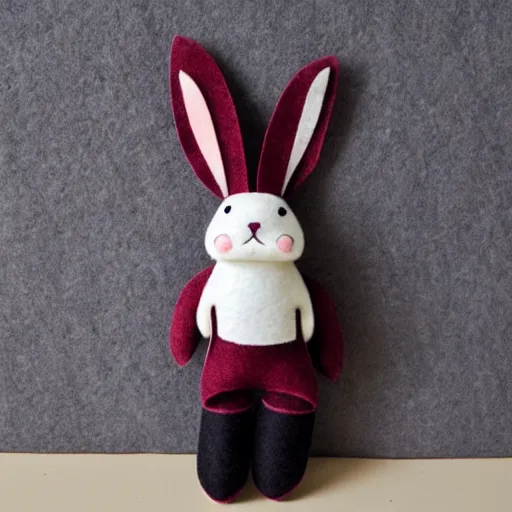 Image similar to a cute elegant felt plush doll of a rabbit wearing overalls