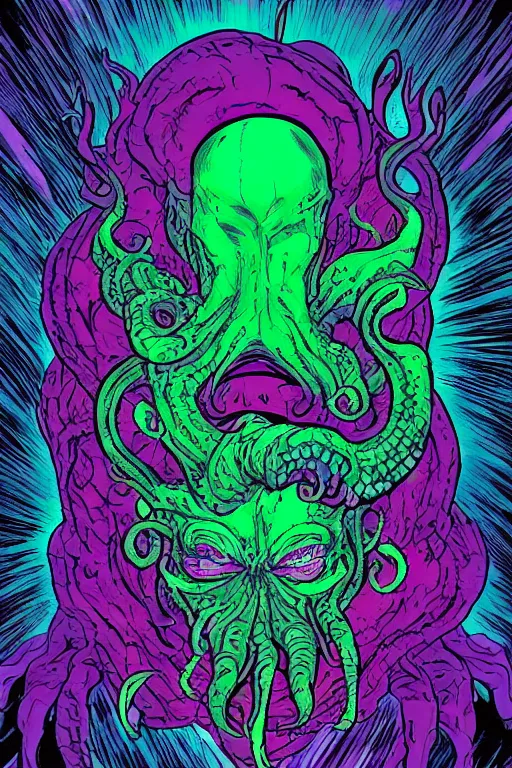 Image similar to comic art portrait of jewel fluorescent evil cthulhu in the style of Rob Lefield and Dan Mumford , trending on artstation, digital art,surrealism ,macro,blueprint ,vaporwave , black outline