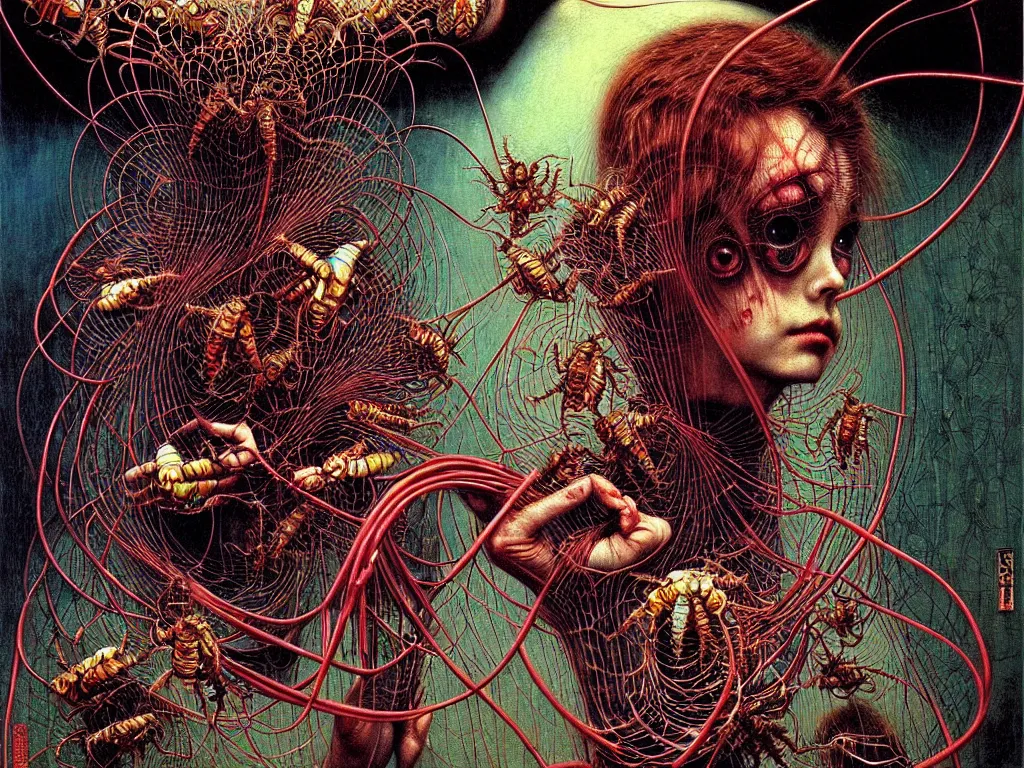 Prompt: cockroaches connected with wires and cords to a computer from 9 0 s in an old dirty soviet apartment by ayami kojima, amano, karol bak, neo - gothic, gothic, rich deep colors. beksinski painting, from a movie by david cronenberg. art by takato yamamoto. masterpiece. realistic detailed image