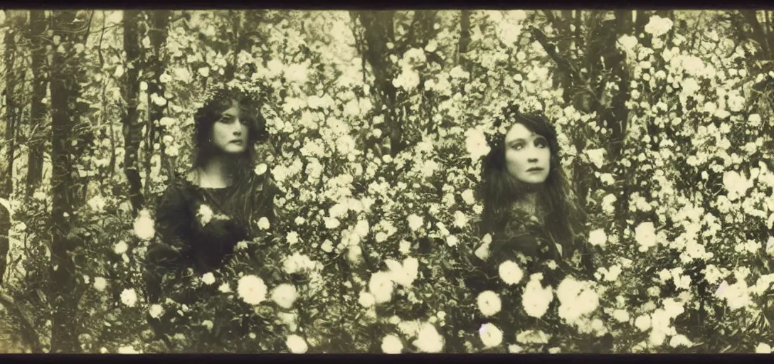 Image similar to portrait of a beautiful woman covered in flowers, Forest, ray gods, 1910 polaroid photography