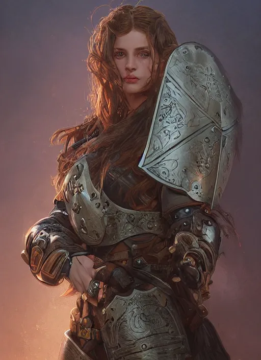 Image similar to portrait of a rugged female as a bruised knight with a shield and armor, fantasy, intricate, headshot, highly detailed, digital painting, artstation, concept art, sharp focus, cinematic lighting, illustration, art by artgerm and greg rutkowski, alphonse mucha, cgsociety