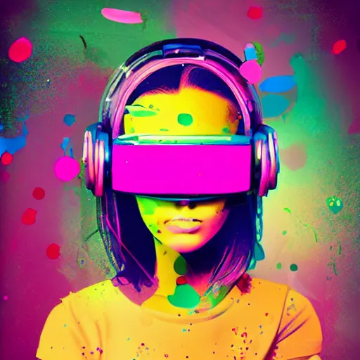 Image similar to illustration of cyberpunk girl with bubble gum in vr helmet, colorful splatters, by andy warhol and by zac retz and by kezie demessance