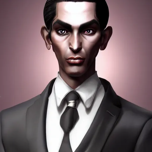 Image similar to Hyper realistic portrait of a dark elf, shoulder length black hair, wearing a suit, sharp facial features, digital art, highly detailed, trending on artstation