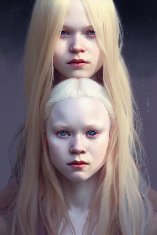 Image similar to Close-up portrait of young albino girl, long blonde hair, dark fantasy, portrait, highly detailed, digital painting, artstation, concept art, sharp focus, illustration, art by artgerm and greg rutkowski and alphonse mucha